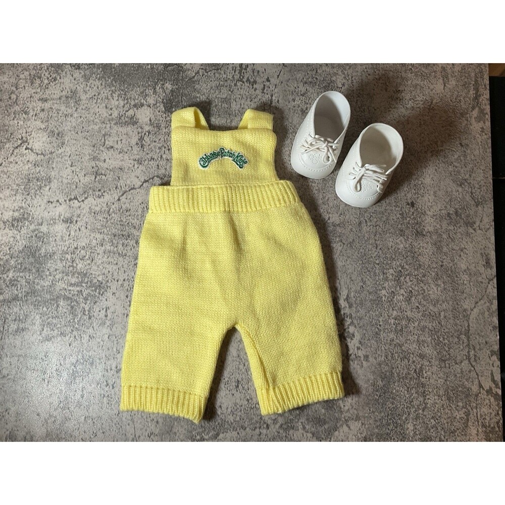 Cabbage Patch Kids Coleco Yellow Knit Overalls Romper Shoes Vtg 1985 Twins Doll
